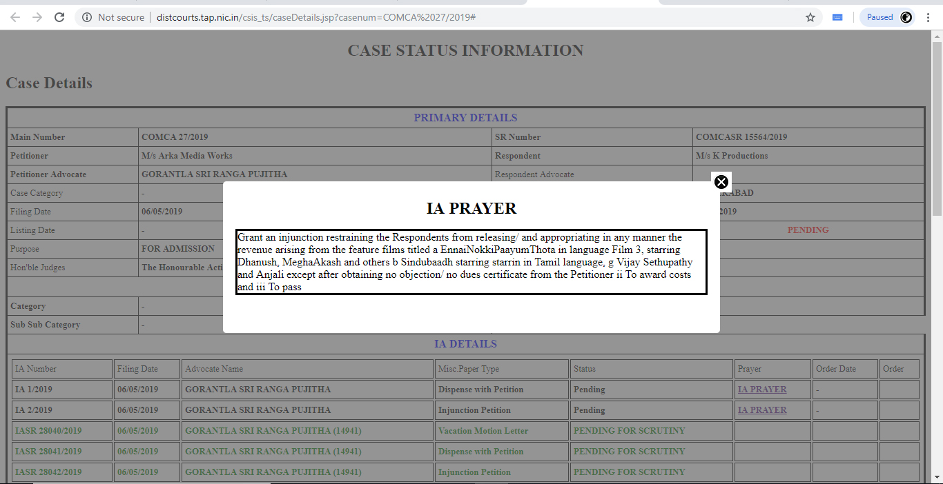 Arka Media Works Injunction Prayer
